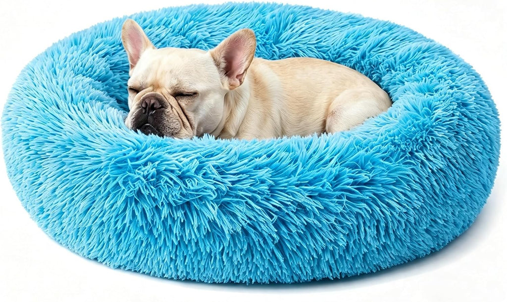 Calming Donut Dog Bed for Small Dogs, Anti-Anxiety Round Washable Plush Fluffy Faux Fur Large Cat Bed, 24 inches Fits up to 25 lbs Pets, Anti-Slip Waterproof Mute Base Blue