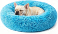 Calming Donut Dog Bed for Small Dogs, Anti-Anxiety Round Washable Plush Fluffy Faux Fur Large Cat Bed, 24 inches Fits up to 25 lbs Pets, Anti-Slip Waterproof Mute Base Blue