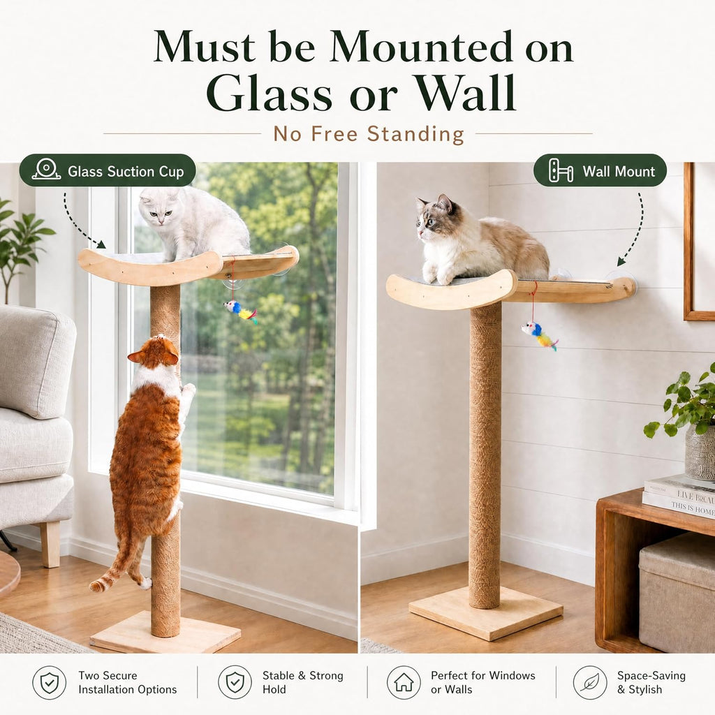 Cat Window Perch with Scratching Posts, 46-Inch Wooden Tree for Large Cats