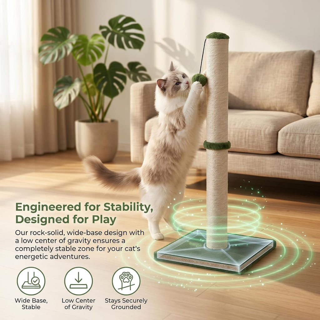 Dimaka Tall Cat Scratching Post, Claw Scratcher with Sisal Rope and Covered with Soft Smooth Plush, Vertical Scratch [Full Strectch] for Standard Size Cats (Green, 34 inches for Large Cats)