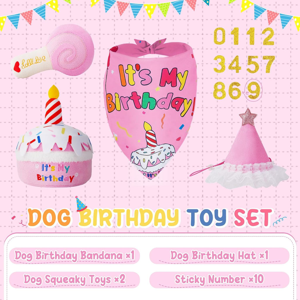 KIPRITII Dog Birthday Supplies with Cake Toys, Bandana & Hat for Small Dog | Photo-Ready Fun,Squeaky Birthday Toys,Dress-Up Fun,Adjustable Number Design,Soft Plush