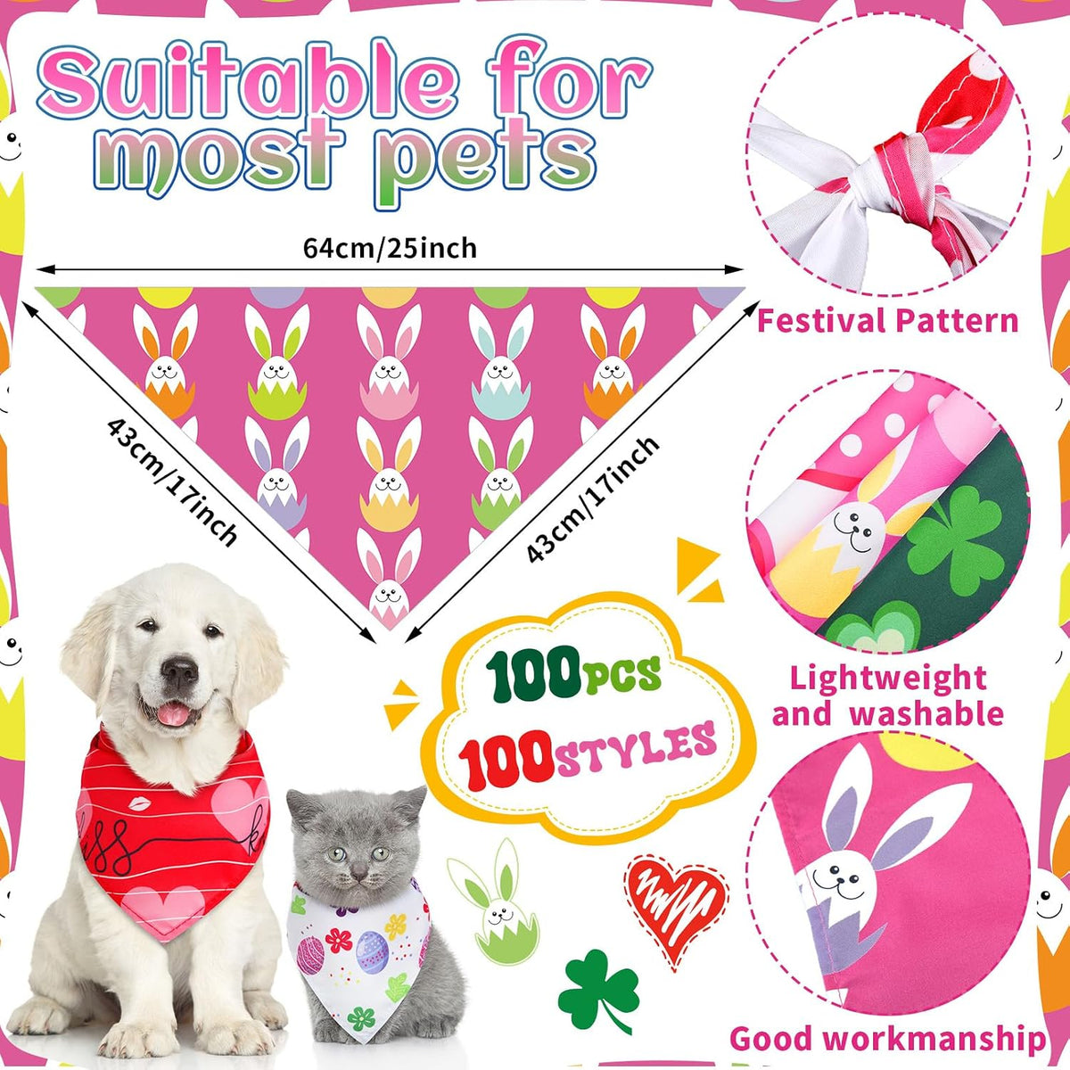 Huhumy 100 Pcs Seasonal Dog Bandanas Easter Bandanas for Medium Large Dogs