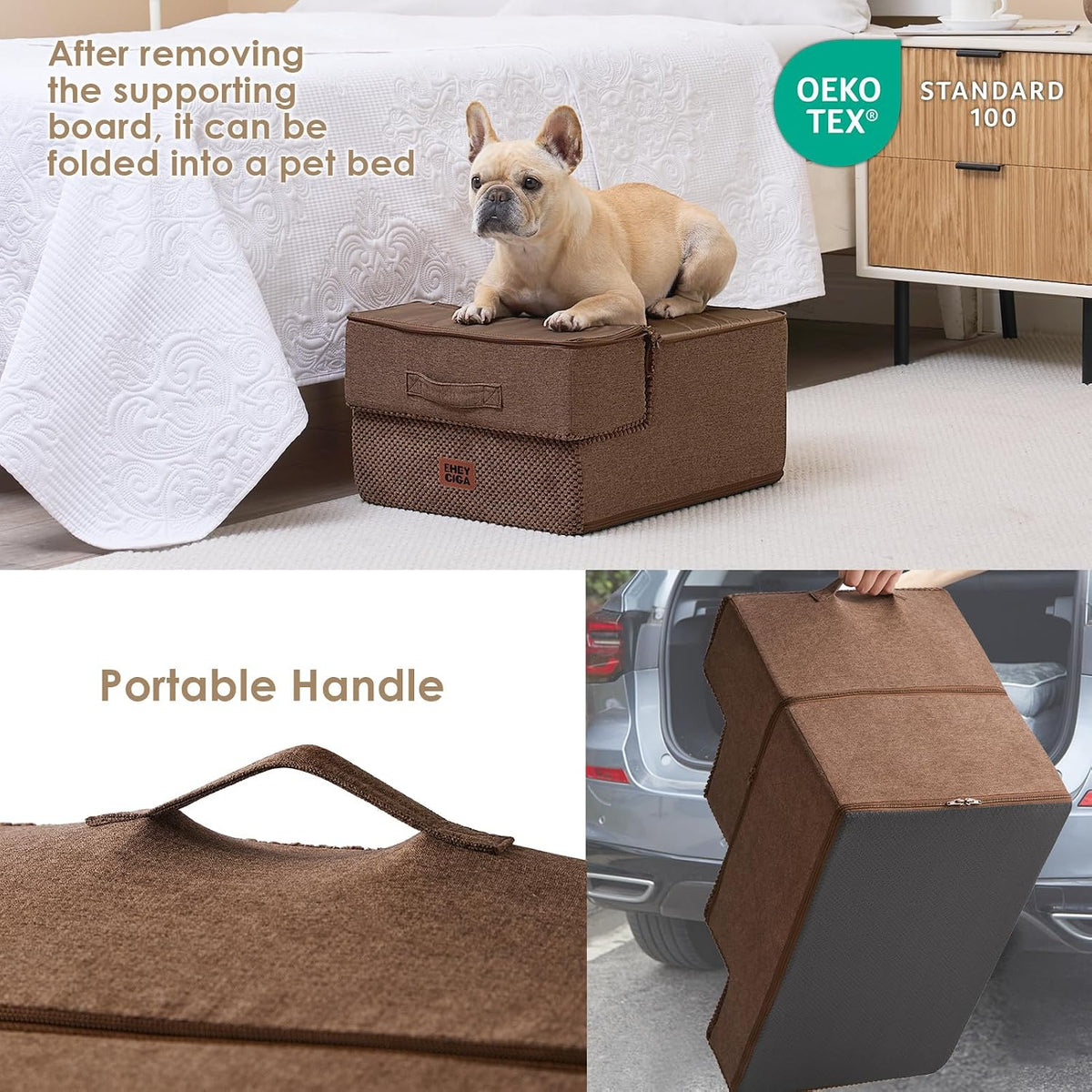 EHEYCIGA Dog Stairs 13.5" H, 3-Step Extra Wide Dog Steps, Brown