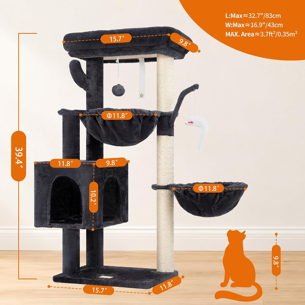 Heybly Cat Tree, 40" Tower with All-Sisal Wrapped Scratching Post HCT006SG