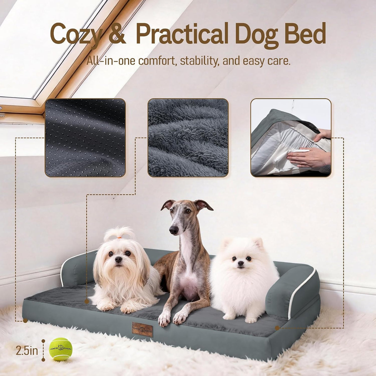 Comfort Expression Washable Dog Bed with Bolster for Medium to Large Dogs