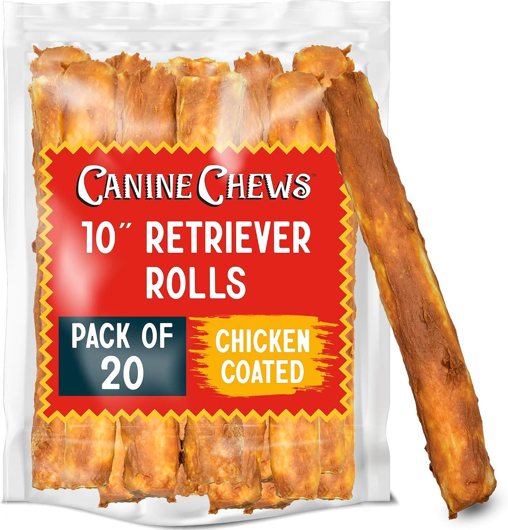 Canine Chews 10" Chicken Coated Dog Rawhide Retriever Rolls (20 Pack) Bones for Large Dogs - 100% USA-Sourced-Chicken - Long-Lasting - Healthy Dental Chew