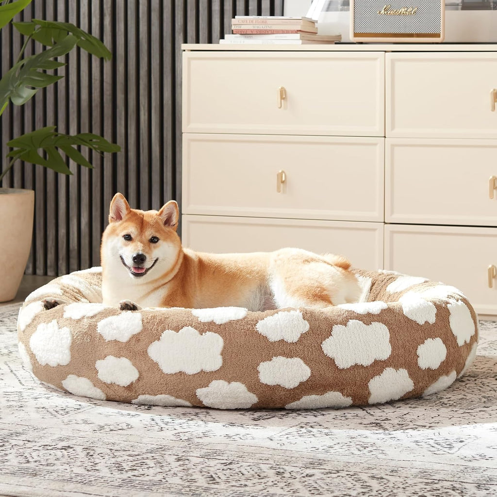 JOEJOY Jacquard Donut Round Large Sized Dog Bed, Brown, 36x36x8in