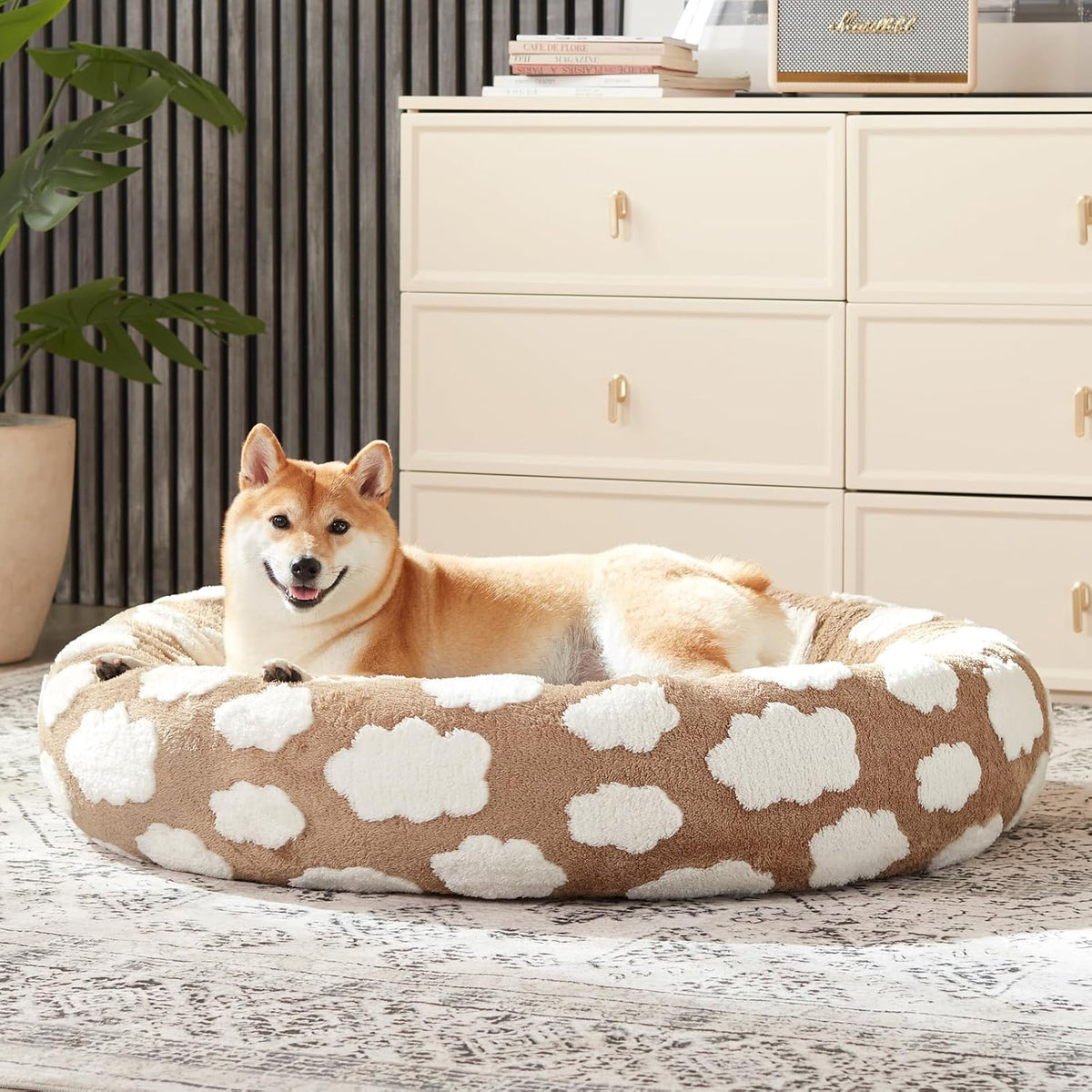 JOEJOY Jacquard Donut Round Large Sized Dog Bed, Brown, 36x36x8in