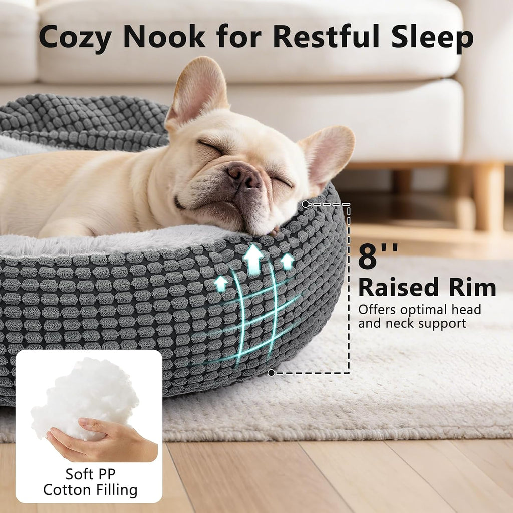 Dog Bed with Attached Blanket for Small Dogs or Cats, Soft Plush Cozy Donut Cuddler Hooded Pet Beds Washable. Round Puppy Bed Orthopedic, Calming Cat Cave Bed. Anti-Slip Bottom 26inch