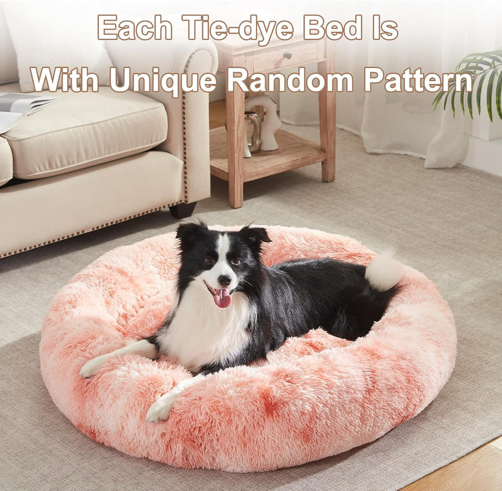 42 in Faux Fur Donut Dog Bed for Large Plus Dogs,Tie-dye Pink