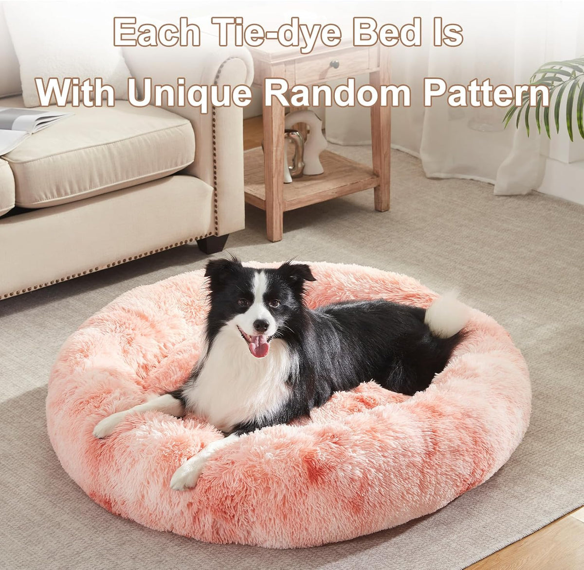 42 in Faux Fur Donut Dog Bed for Large Plus Dogs,Tie-dye Pink