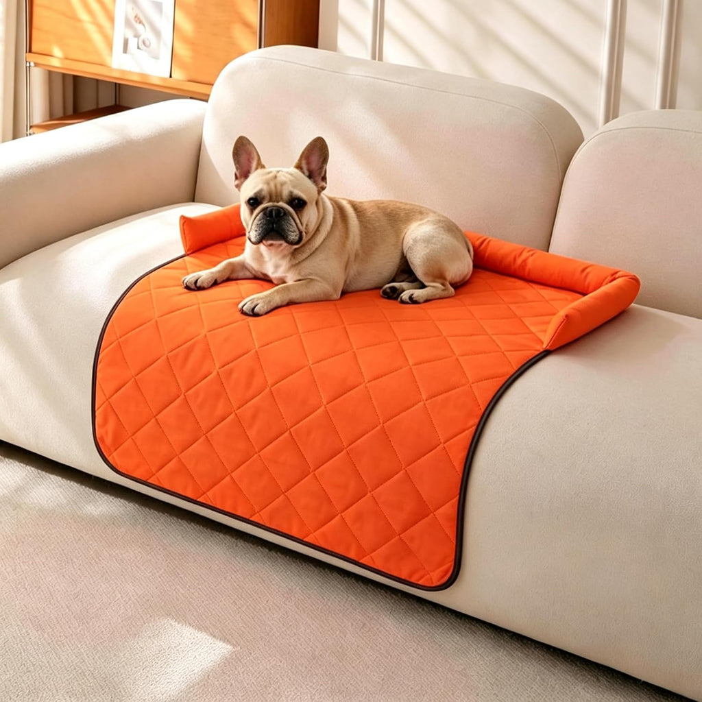 Calming Dog Couch Bed with Head Support, Waterproof Sofa Cover, Orange, M