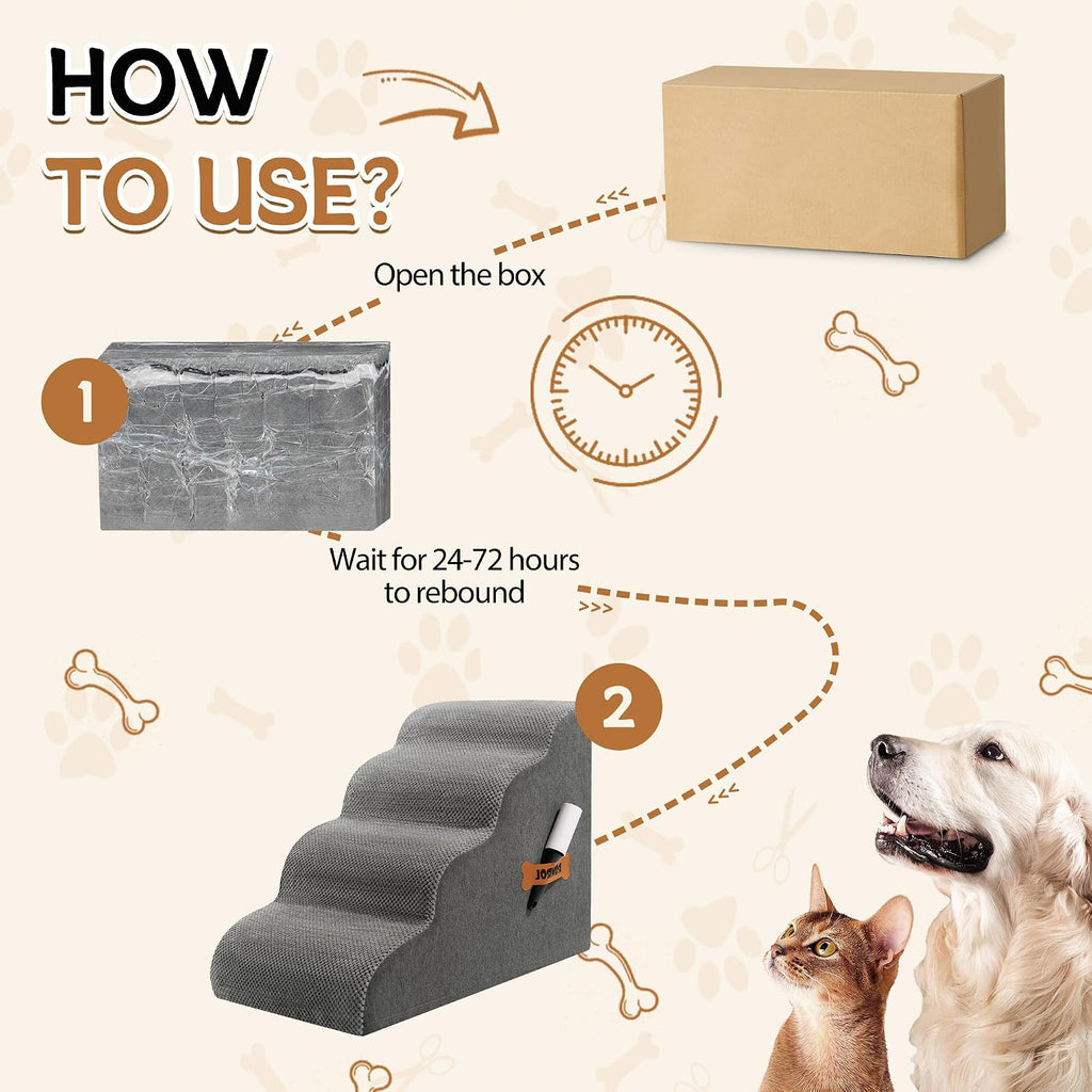 Dog Stairs, Romrol Dog Steps Ramp for High Bed and Couch, Dogs Ramp with Durable Non-Slip Waterproof Fabric Cover, Pet Stairs for Small Dogs and Cats or Pets Joints, 4-Tiers,Grey