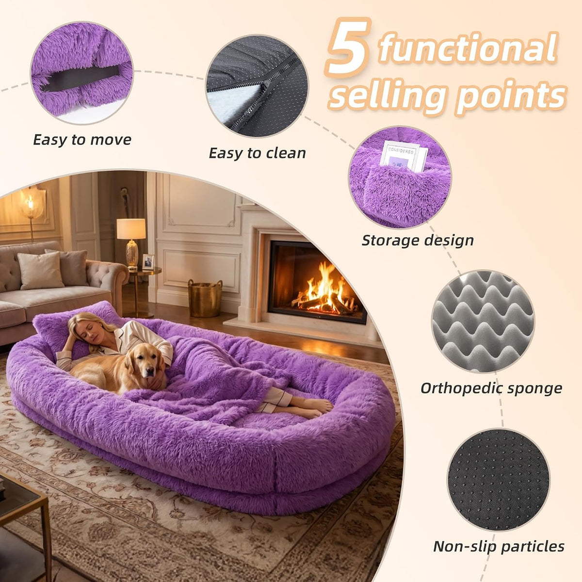 Human Dog Bed, Oversized Plush Lounger Bed with Plump Pillow and Blanket
