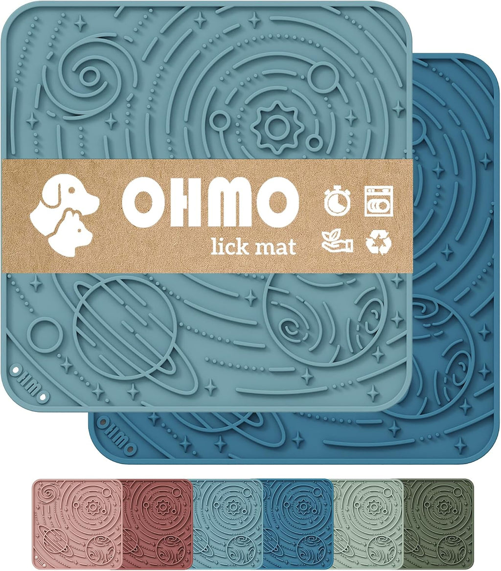 OHMO Large Lick Mat for Dogs&Cats, Space Pattern, 2pcs, Dark&Light Blue | Pet Enrichment Toys, Slow Feeder, Textured Silicone Surface, Strong Suction Cups, Anxiety&Boredom Relief, Easy-Clean