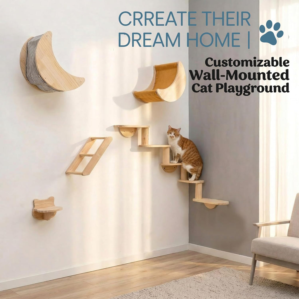 Cat Wall Shelves Set,Solid Wood Moon Bed,Perch & Stair for Climb and Rest