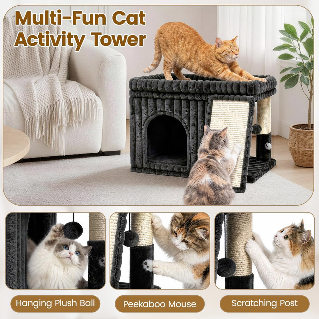Cat Tree Tower with Scratching Post for Large Kitty, Gray Ribbed