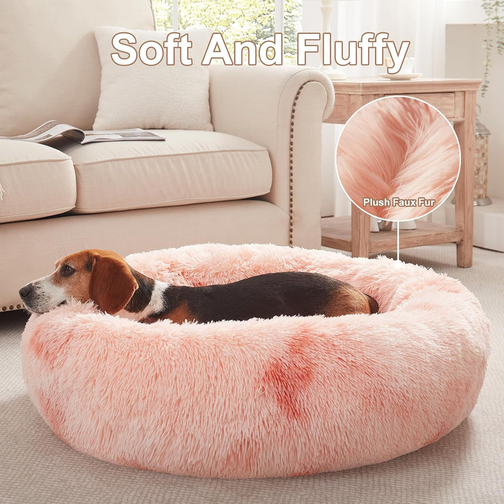 33 in Faux Fur Donut Dog Bed for Medium Plus Dogs,Tie-dye Pink