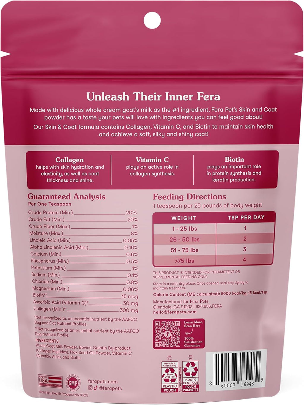 Fera Pets Cat & Dog Skin and Coat Supplement - Goat Milk Topper, 60 TSP