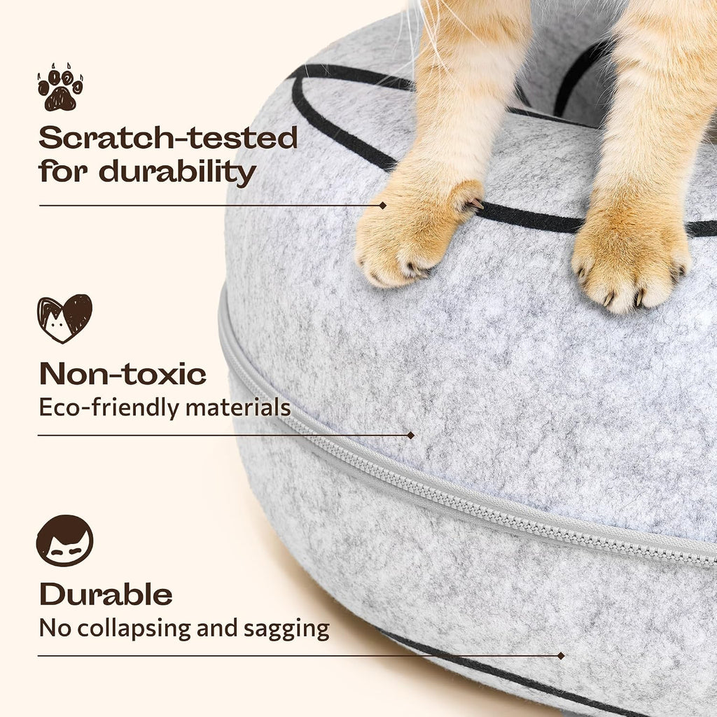 Peekaboo Cat Cave Donut - Cat Tunnel Bed for Indoor Cats – Cute Patterns Hideaway for Multiple & Large Cats, Scratch-Resistant (Light Gray)