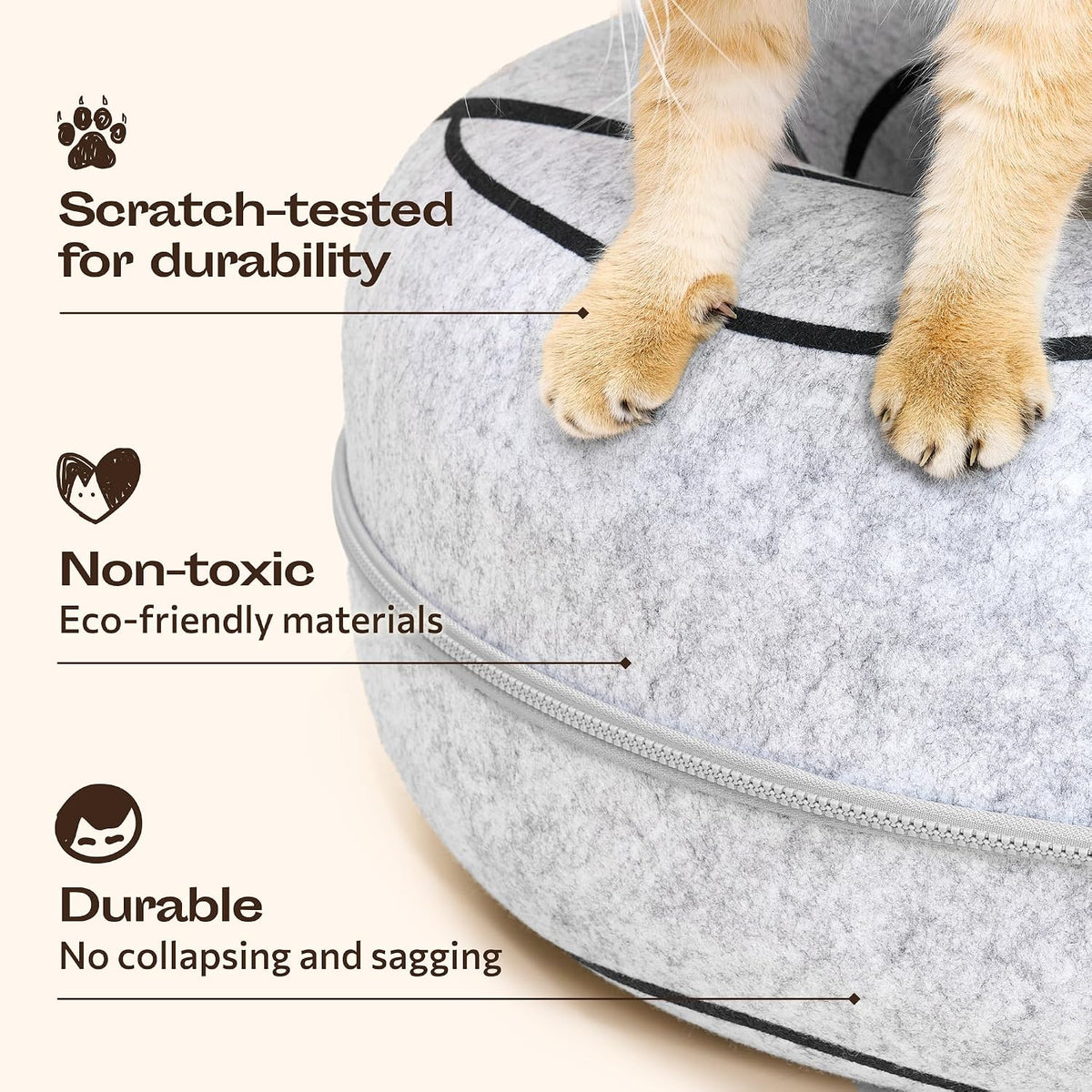 Peekaboo Cat Cave Donut - Cat Tunnel Bed for Indoor Cats – Cute Patterns Hideaway for Multiple & Large Cats, Scratch-Resistant (Light Gray)
