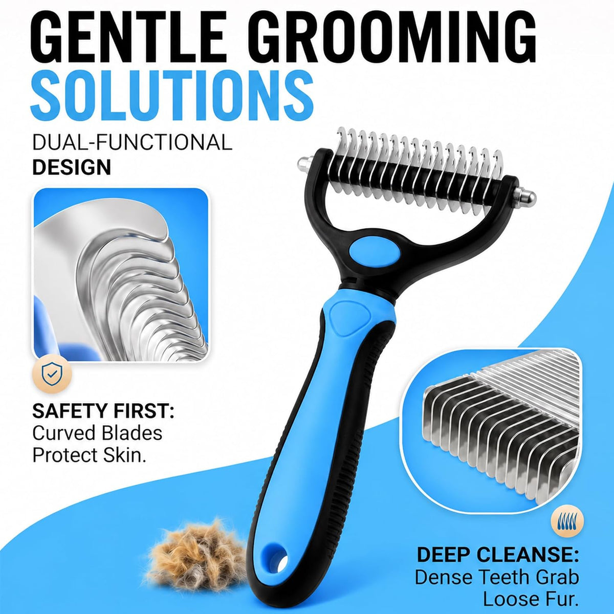 2-in-1 Double-Sided Pet Grooming Comb for Dogs & Cats - Deshedding Brush & Rounded-Tooth Dematting Tool | Painlessly Removes Knots, Tangles, Loose Undercoat & Fur in Thick/Long Coats (Blue-Large*2)