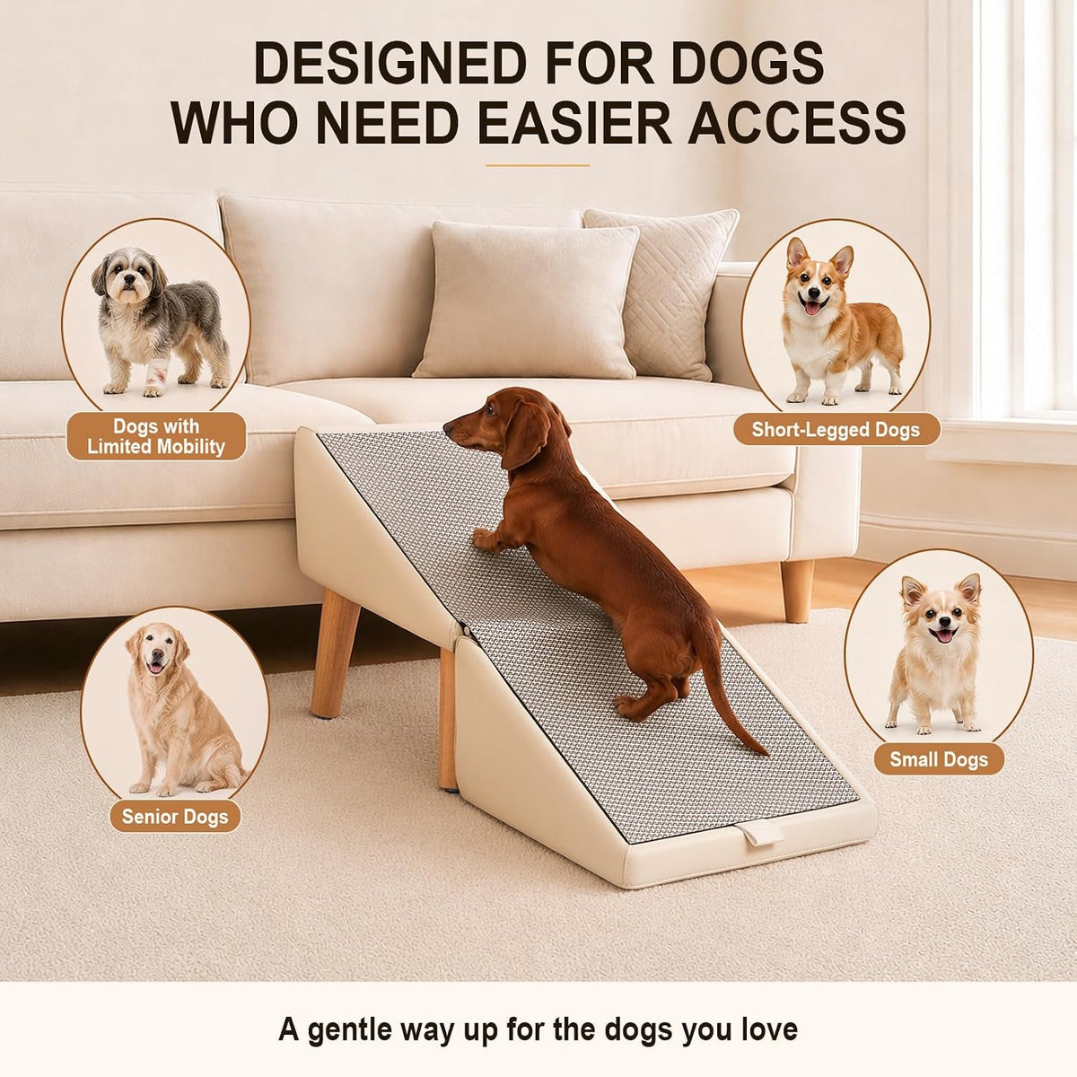 Dog Ramp for Couch and Bed, 16" High Foldable 2-in-1 Dog Ramp Ottoman, Solid Wood Frame with Non-Slip Mat, Easy to Assemble & Clean Pet Ramp, Pet Stairs Alternative Safe for Small Senior Injured Dogs