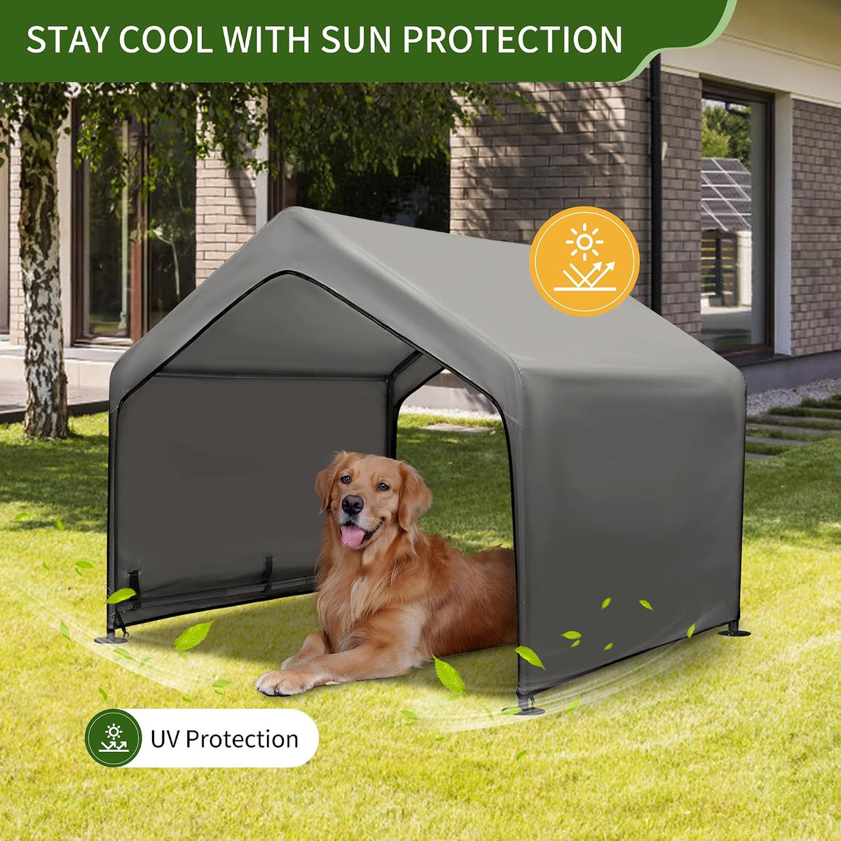 Summertrail Extra Large Dog House Outside, Dog Tent Outdoor, Big Dog Shade Shelter Doghouse Canopy, Water Resistant Dog shelter with Ground Nail, Gray Sun Rain Cover for Pet Cat Livestock 4'x 4'x 3.3