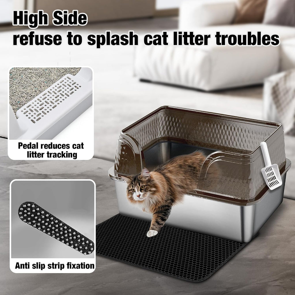 Suhaco XXL Stainless Steel Litter Box with High Sided Deep Side Entry Deep Extra Large Metal Litter Box Included Mat & Scoop Anti-Urine Leakage Cat Litter Boxes for Big Cats (Black)