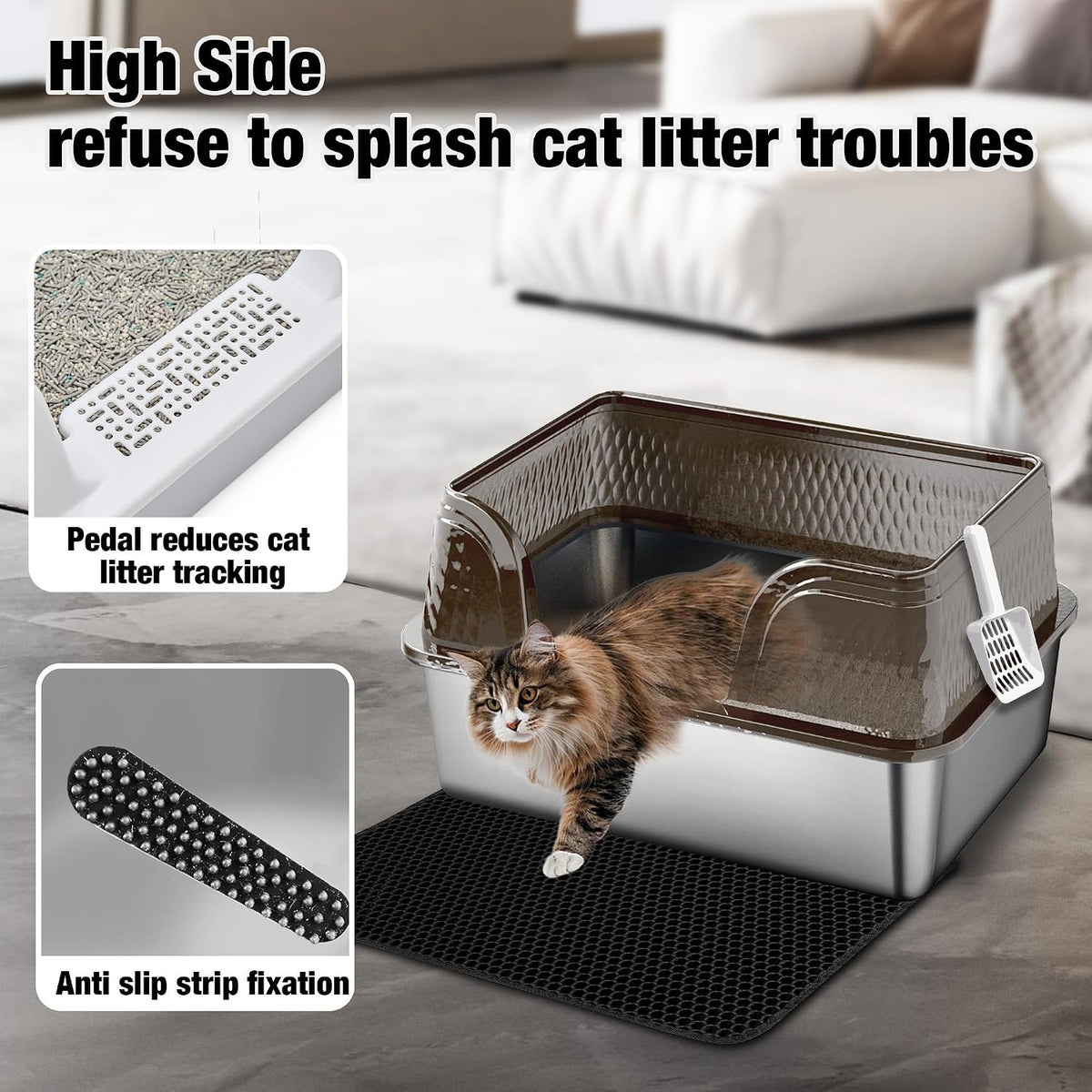 Suhaco XXL Stainless Steel Litter Box with High Sided Deep Side Entry Deep Extra Large Metal Litter Box Included Mat & Scoop Anti-Urine Leakage Cat Litter Boxes for Big Cats (Black)