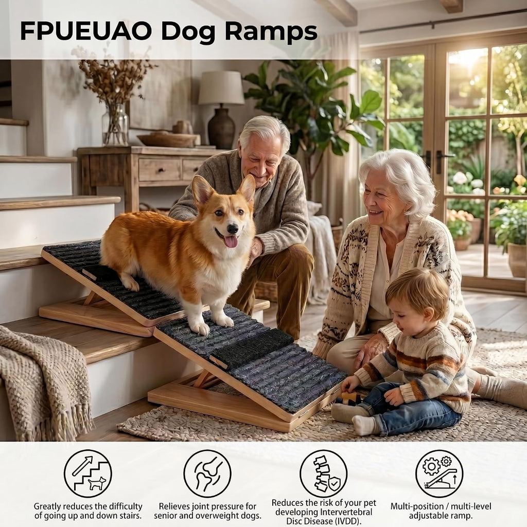 2 Pack Wooden Adjustable Dog Stairs Ramps, 3-Level Adjustable Triangular Pet Ramp, Indoor & Outdoor Portable Dog Steps with Anti-Slip Mat, Suitable for Dogs, Cats, Elderly and Injured Pets (2)