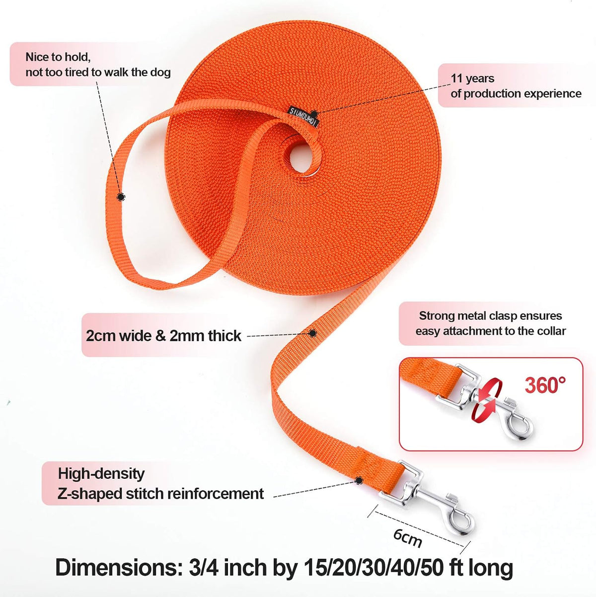 Siumouhoi Dog/Puppy Obedience Recall Training Agility Lead - 15ft 20ft 30ft 50ft Training Leash - Great for Play, Camping, or Backyard - Orange 30ft (30Feet, Orange)