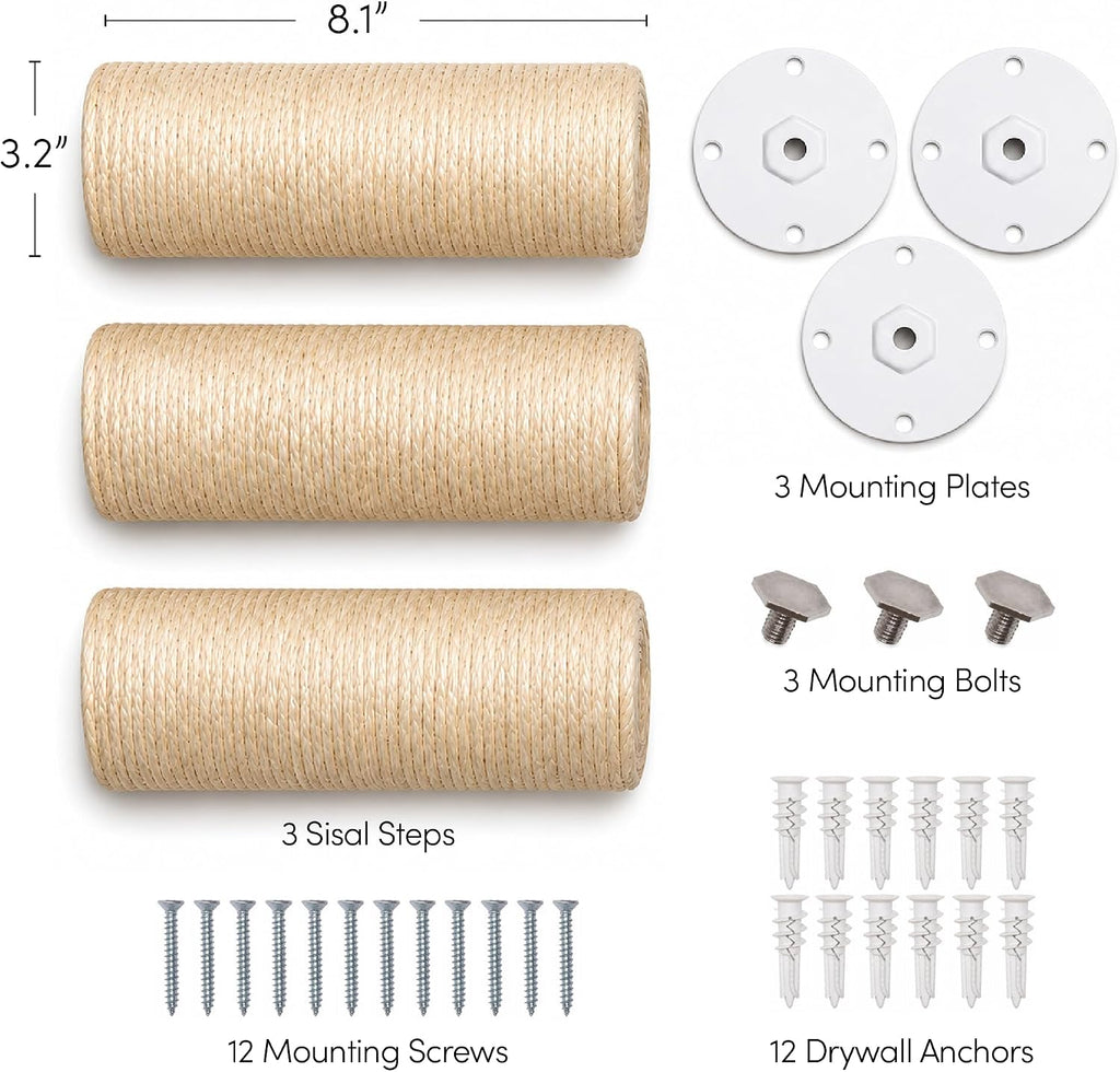 xympo Wall-Mounted Cat Climbing Steps, Floating Sisal Scratching Posts, 8 Inch, 3 Pack, Easy Drywall Install