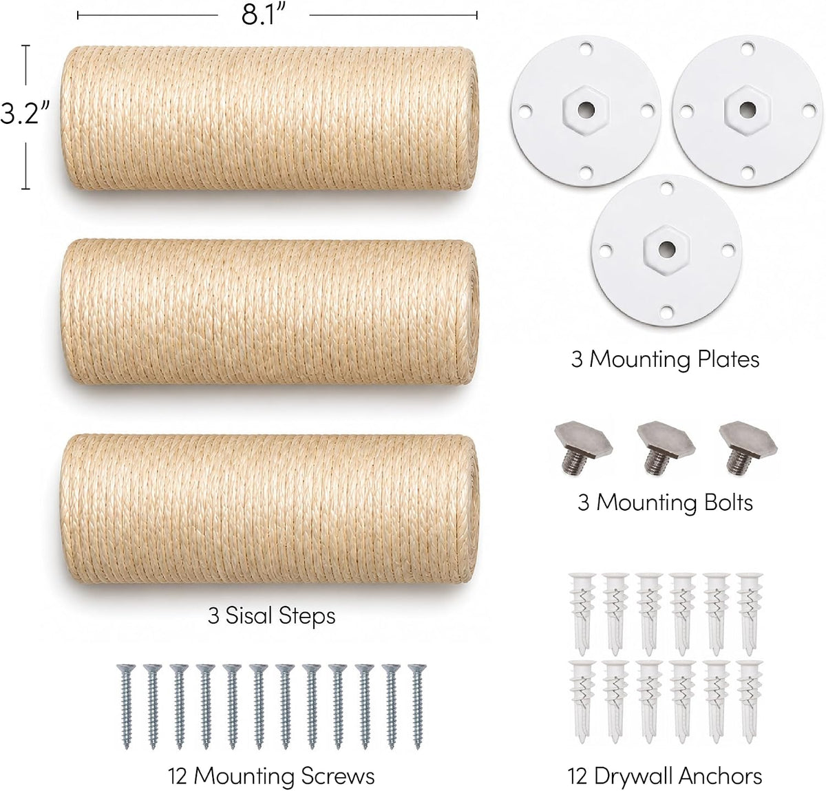 xympo Wall-Mounted Cat Climbing Steps, Floating Sisal Scratching Posts, 8 Inch, 3 Pack, Easy Drywall Install