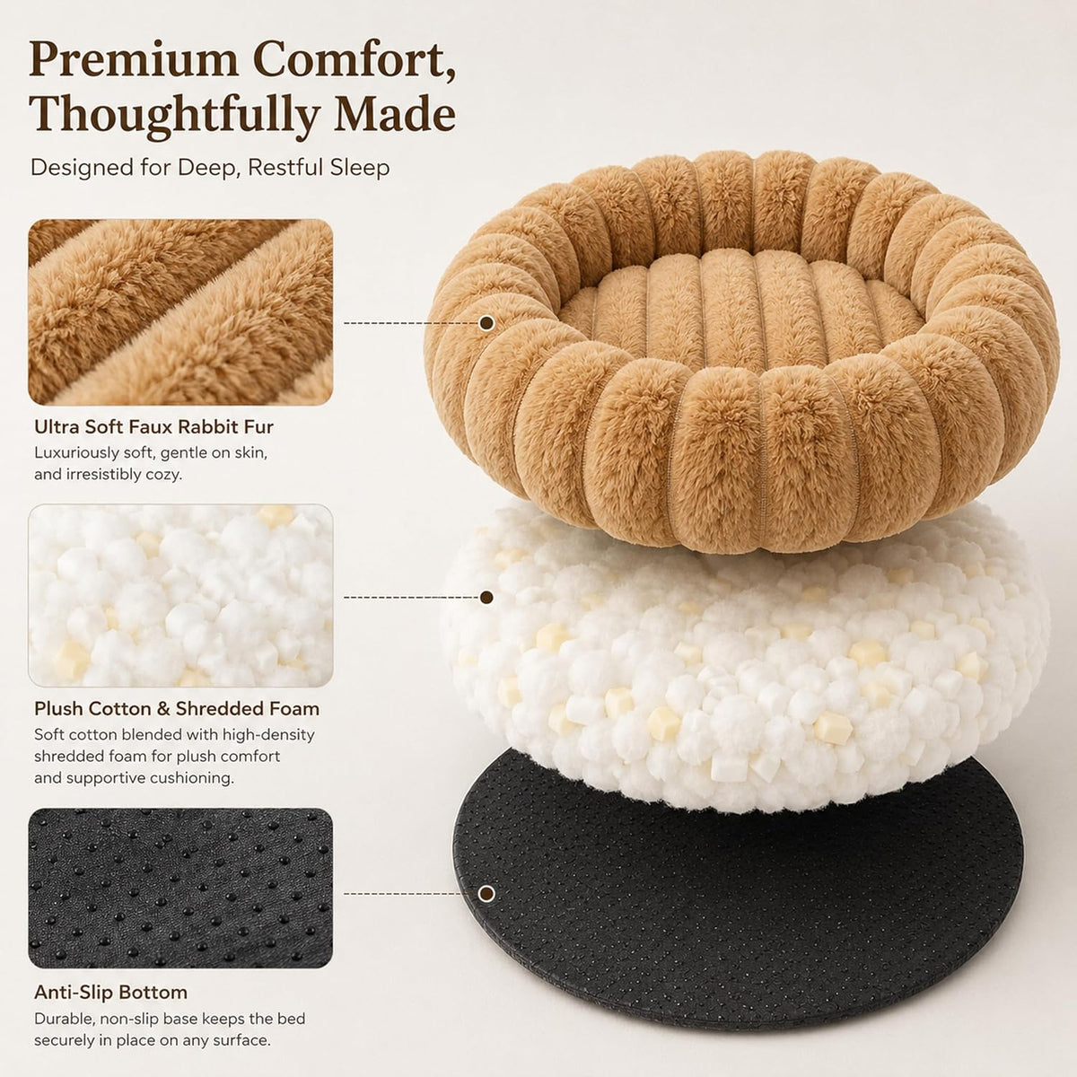 Calming Dog Bed Medium Size Dog Donut Washable Pet Bed, 31.5” Khaki
