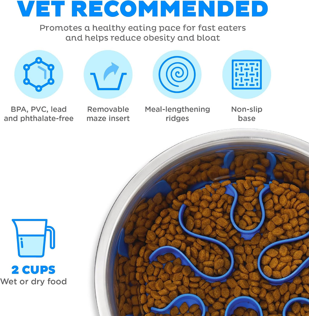 Outward Hound Fun Feeder Stainless Steel Slo Bowl for Dogs, Medium, 8.3" | Slows Fast Eaters, Can Aid Digestion, Holds 2 Cups Dry or Wet Food, Removable Maze, Non-Slip, Fits Raised Feeding Stations 
