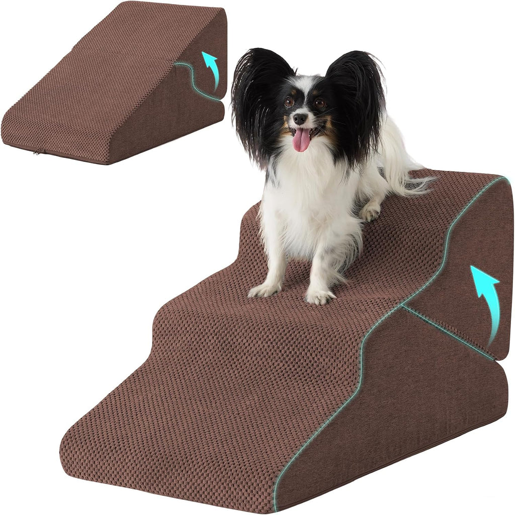 Ahpmeoa Dog Stairs for Small Dogs 16’’ H, 3-Step Dog Steps for Bed, Brown