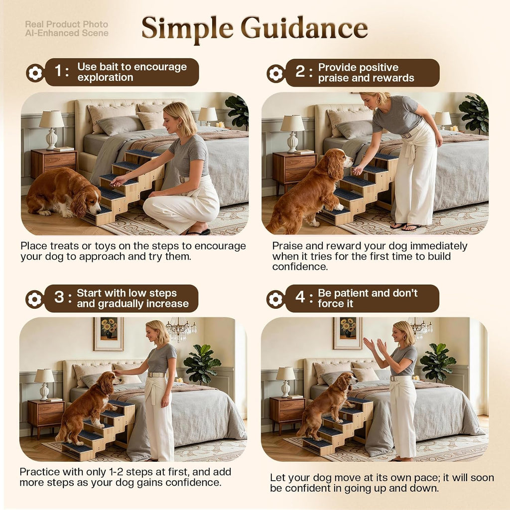 5-Step Wooden Dog Steps for Bed, Anti-Slip Dog Stairs with Carpet Pads, 23.6 Inches Pet Ramp for Dogs to Get on Bed, Pet Stairs for Old & Senior Dogs/Cats, Pet Steps Ladder for High Beds/Couch Sofa