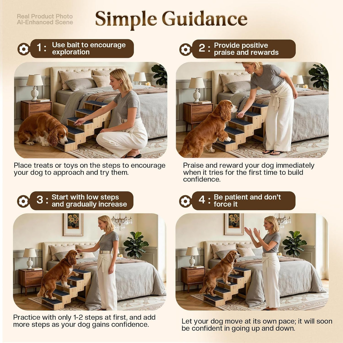 5-Step Wooden Dog Steps for Bed, Anti-Slip Dog Stairs with Carpet Pads, 23.6 Inches Pet Ramp for Dogs to Get on Bed, Pet Stairs for Old & Senior Dogs/Cats, Pet Steps Ladder for High Beds/Couch Sofa