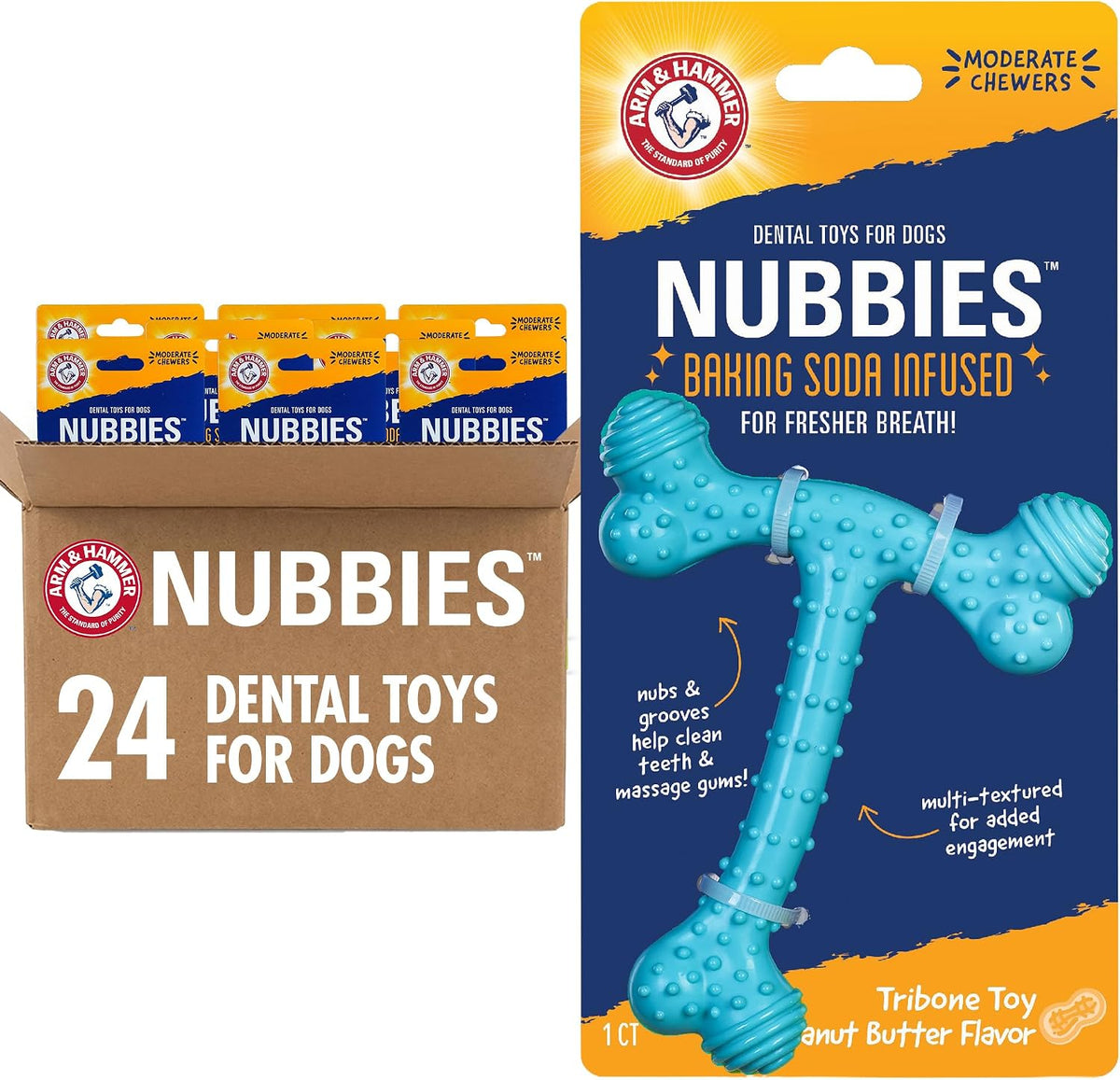 Arm & Hammer Nubbies T-Bone Dental Dog Chew Toy, Peanut Butter, 24-Pk | Durable nylon and TPR nubs clean teeth and gums, built for aggressive chewers