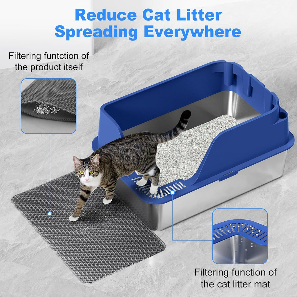 Non-Stick Stainless Steel Litter Box, XL Side Open Splash-Proof (Blue)