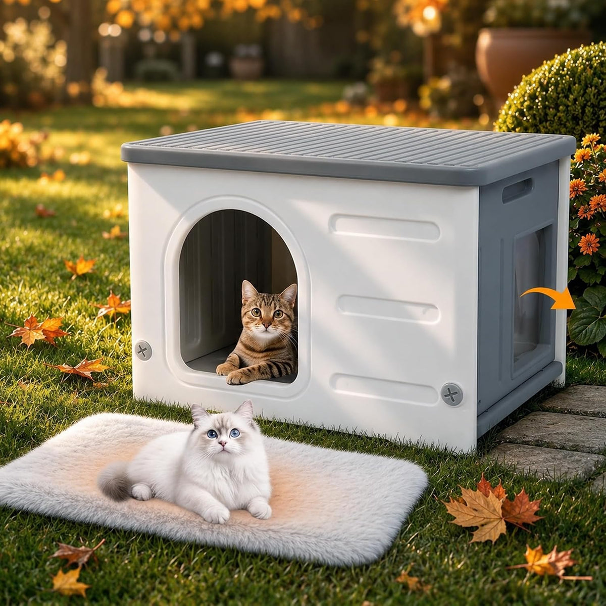 Rockever HDPE Cat House with Mat, Outdoor Waterproof Easy Clean Shelter