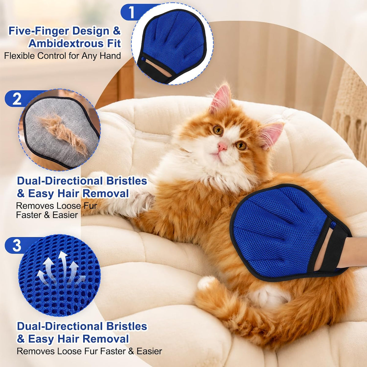 3PCS Pet Hair Removal Glove Set with Grooming Mitt, Comb & Fur Remover Tool