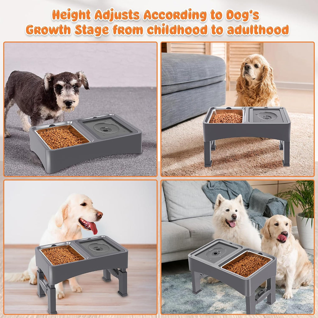Decflow 2-in-1 Elevated Dog Bowls with 4 Height Adjustable Raised Stand | 304 Stainless Steel Dog Food Bowl, No Spill Water Bowl, DIY Stickers, Anti-Slip Pet Feeder Set for Small, Medium & Large Dogs