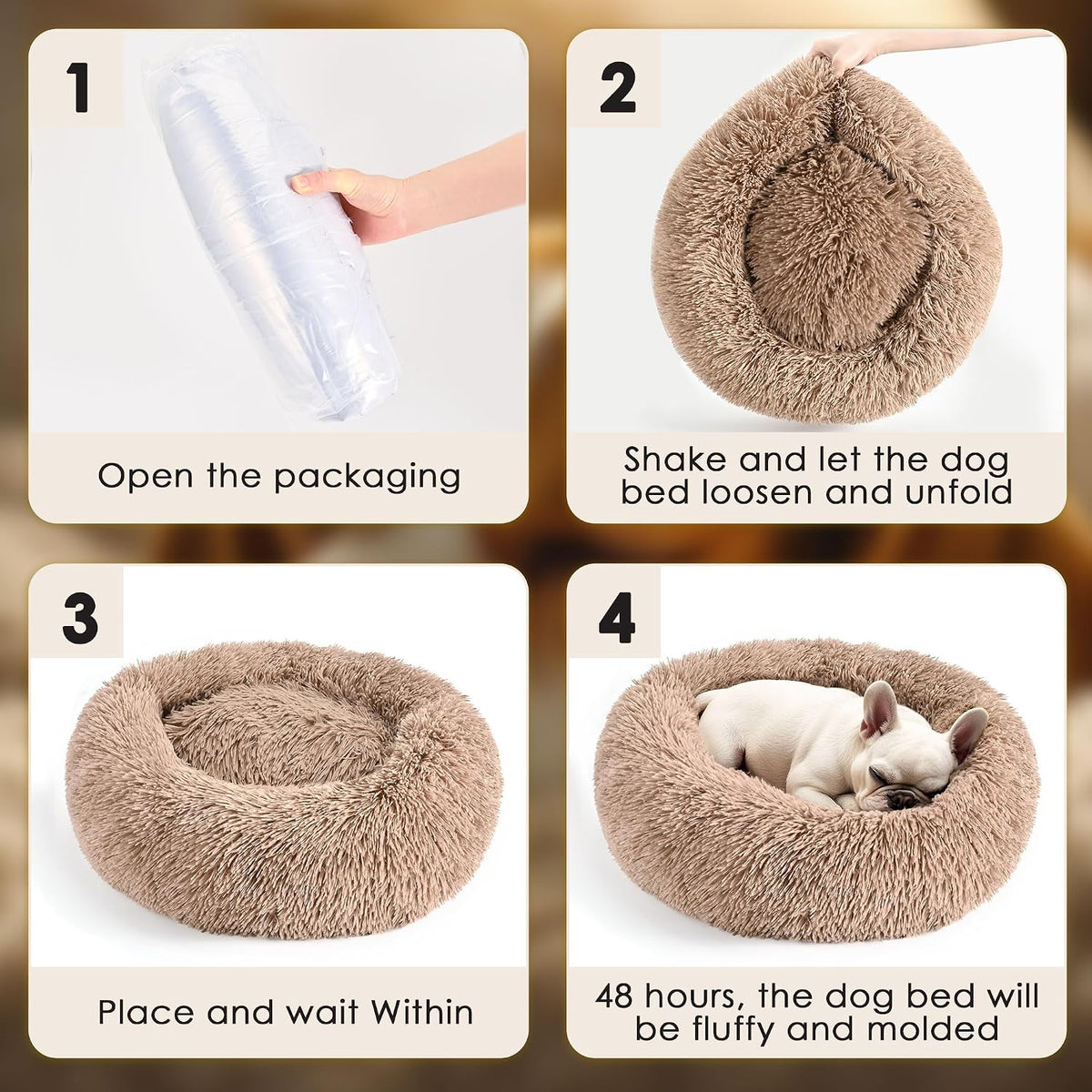Hoewina Dog & Cat Bed for Indoor Cats, 20in Calming Donut Bed (Camel)