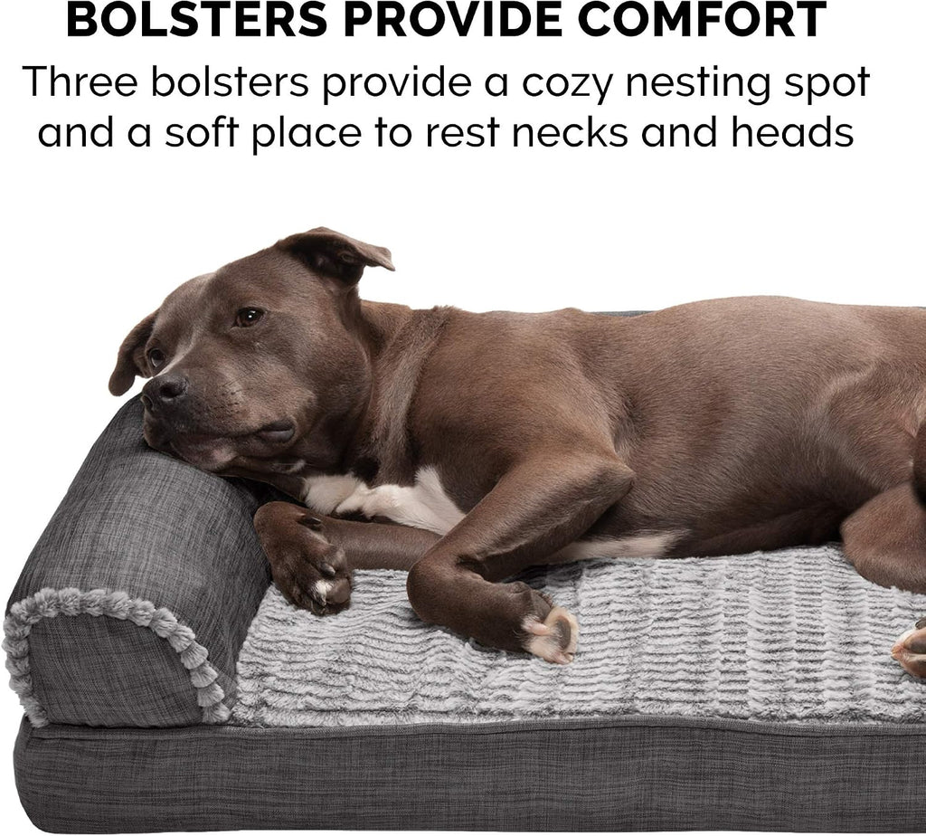 Furhaven Orthopedic Dog Bed for Large/Medium Dogs w/ Removable Bolsters & Washable Cover, For Dogs Up to 55 lbs - Luxe Faux Fur & Performance Linen Sofa - Charcoal, Large