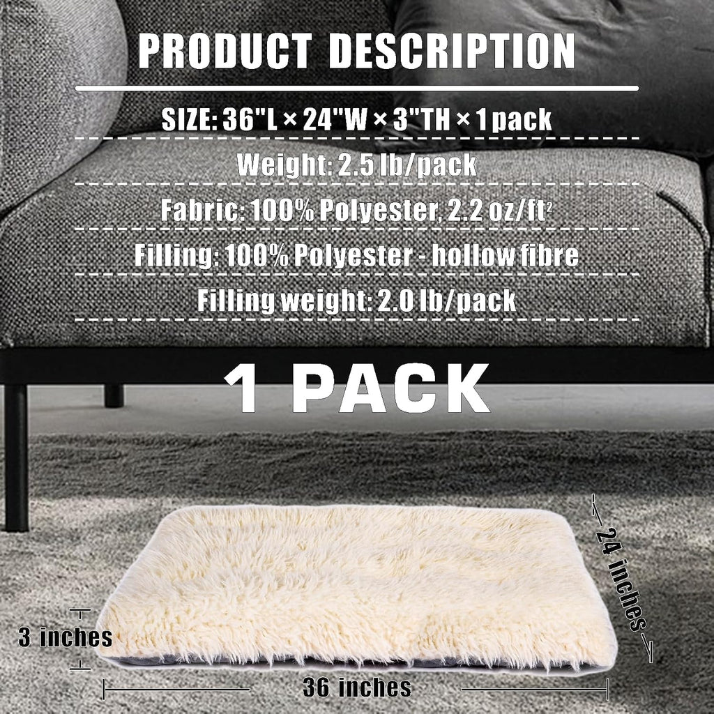 Machine Washable Dog Bed, Deluxe Plush Dog Crate Pad and Cat Bed, Anti-Slip Bottom Kennel Pad Mat, Fuzzy Pet Beds for Large, Medium, Small Dogs Breeds (Ivory, 36.0" L x 24.0" W x 3.0" Th x 1 Pack)