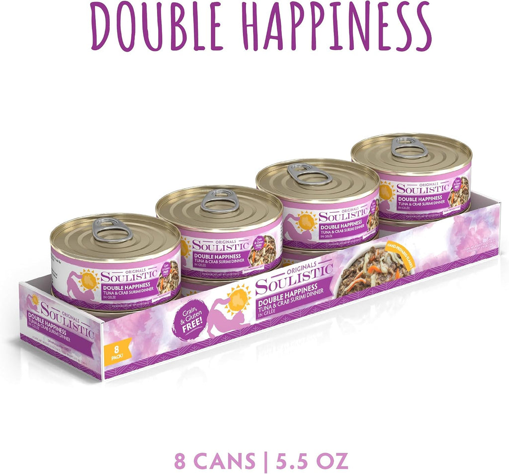Soulistic Originals Wet Cat Food, Double Happiness Tuna and Crab Surimi Dinner in Gelée, 5.5oz Can, Pack of 8