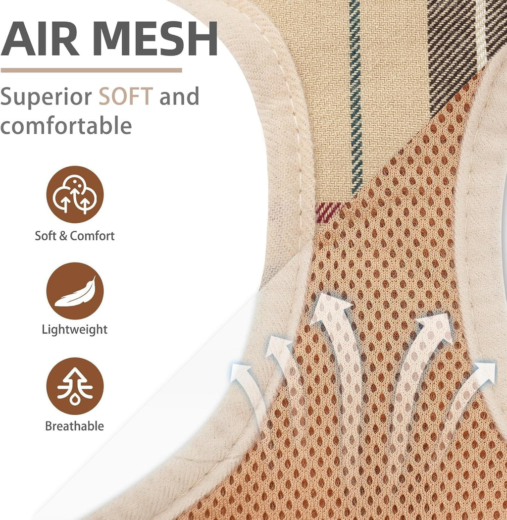 PUPTECK Soft Mesh Dog Harness Small Sized and Leash Set Step-in Plaid Puppy Padded No Pull Vest Harness for XS Dogs Cats Outdoor Walking, Beige S, Chest 14"-15"