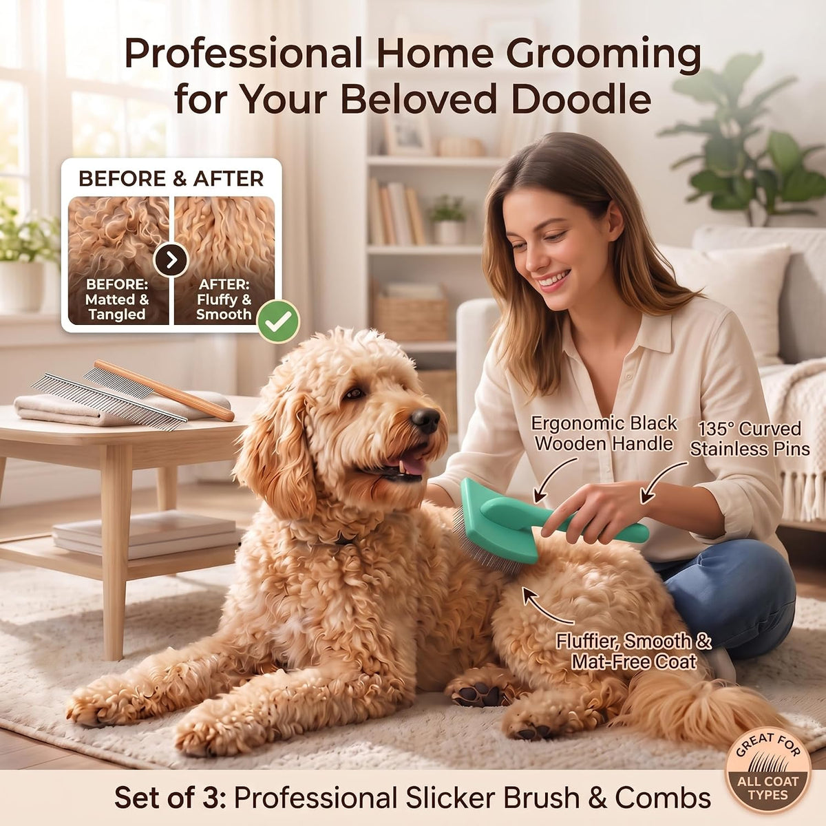 3-in-1 Long Pin Slicker Brush Set, Pet Grooming Kit, Green